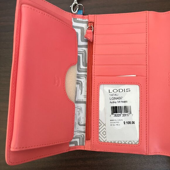 Lodis Audrey Blue & Coral Leather Wristlet Phone Wallet Detachable Strap New - Picture 4 of 7